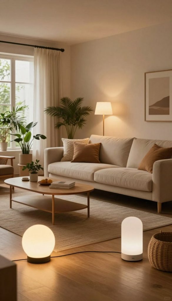 A cozy interior living room showcasing flexible home lighting solutions from the brand "KlickKiste". In the foreground, view a stylish, modular lighting fixture that can be adjusted to various heights and colors, casting warm, inviting light across the space. In the middle, feature a chic, contemporary sofa with soft cushions and an elegant coffee table, positioned around gentle ambient lighting. The background includes a large window letting in natural light with plants, creating a harmonious and inviting atmosphere. The scene conveys a sense of comfort and adaptability, evoking feelings of home while maintaining a Pinterest-inspired aesthetic with warm colors and authentic textures. Use a wide-angle lens to capture the entire space, enhancing the depth and warmth of the image.