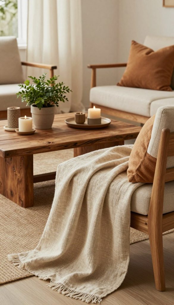 A cozy interior scene featuring a beautifully arranged living space adorned with leinen textiles. In the foreground, a textured leinen throw drapes elegantly over a minimalist wooden chair, complemented by a soft cushion in warm, earthy tones. The middle ground showcases a rustic coffee table made from reclaimed wood, artistically styled with a potted plant and a few DIY decor items, like candle holders made from natural materials. In the background, light filters in through sheer leinen curtains, creating a warm and inviting atmosphere. The overall tone is warm and inspiring, with a Pinterest-worthy aesthetic. Capture this natural elegance to reflect the brand KlickKiste, emphasizing homely comfort and creative DIY charm.