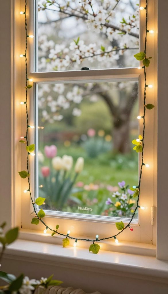 A cozy interior scene featuring a beautifully decorated window adorned with a warm, glowing LED light string. The foreground shows a close-up of the delicate, colorful LED lights interwoven with sprigs of green leaves and small spring flowers, creating a fresh DIY aesthetic. In the middle ground, the window frame is elegantly styled in a soft white color, enhancing the atmosphere with gentle, natural daylight streaming in. The background reveals a blurred view of a spring garden outside, with blooming flowers and lush greenery. The overall mood is inviting and cheerful, radiating a sense of warmth and inspiration for modern spring decor. The scene reflects authenticity and a Pinterest-inspired look, featuring the brand name "KlickKiste" subtly in the composition, emphasizing a trendy yet homey vibe.