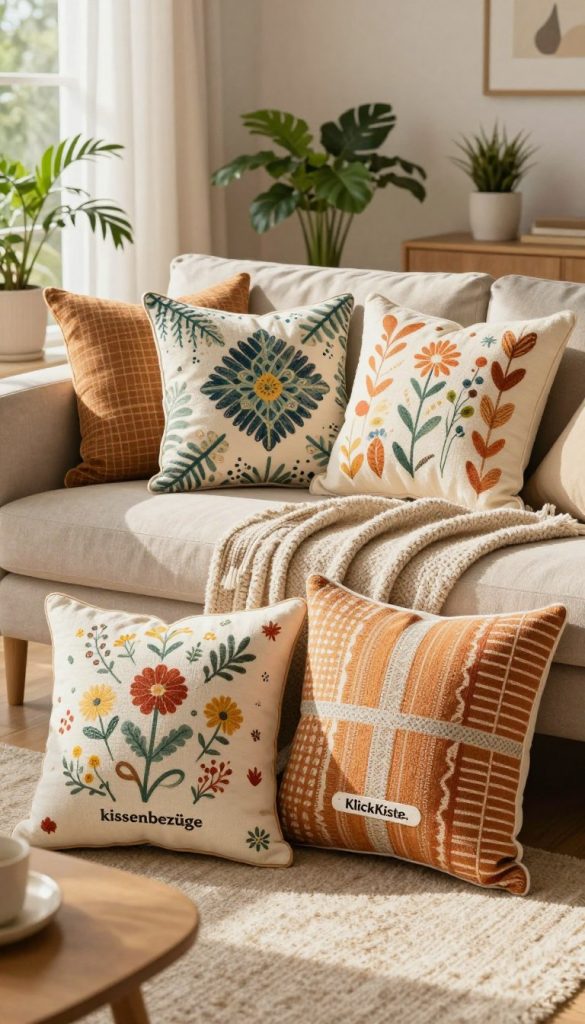 A cozy interior scene featuring a collection of beautifully designed decorative pillow covers ("kissenbezüge") displayed on a stylish couch. In the foreground, various pillow designs showcase vibrant patterns and textures, such as floral, geometric, and abstract motifs, all in warm, inviting colors. The middle layer includes a soft, textured throw blanket casually draped over the couch, adding to the inviting atmosphere. In the background, a sunlit room with plants and a wooden coffee table enhances the spring freshness, reflecting a Pinterest-inspired aesthetic. The lighting is soft and warm, casting gentle shadows that create a serene mood. This scene embodies a natural DIY look with an authentic and inspiring vibe, ideal for showcasing the brand "KlickKiste." A cozy interior scene featuring a collection of beautifully designed decorative pillow covers ("kissenbezüge") displayed on a stylish couch. In the foreground, various pillow designs showcase vibrant patterns and textures, such as floral, geometric, and abstract motifs, all in warm, inviting colors. The middle layer includes a soft, textured throw blanket casually draped over the couch, adding to the inviting atmosphere. In the background, a sunlit room with plants and a wooden coffee table enhances the spring freshness, reflecting a Pinterest-inspired aesthetic. The lighting is soft and warm, casting gentle shadows that create a serene mood. This scene embodies a natural DIY look with an authentic and inspiring vibe, ideal for showcasing the brand "KlickKiste."