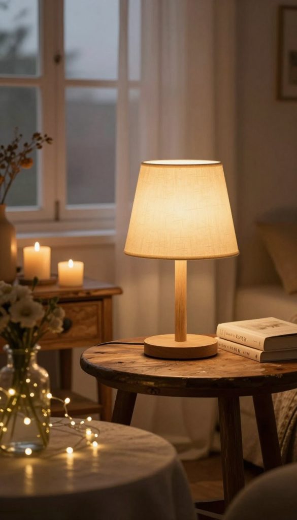 A cozy interior scene featuring a stylish table lamp with a warm glow, casting soft light across a beautifully decorated rustic table. The foreground displays delicate fairy lights entwined around a flower vase, enhancing the romantic ambiance. In the middle, add a vintage wooden side table adorned with candles and an inviting book, emanating warmth and charm. The background reveals a softly lit window draped in sheer curtains, allowing the gentle glow of twilight to filter through, creating a tranquil atmosphere. The overall color palette is warm and earthy, with hues of amber and soft browns, reminiscent of a Pinterest-inspired DIY decor style. This image should evoke feelings of comfort and intimacy, perfect for showcasing the essence of romantic lighting. Incorporate elements that reflect the brand KlickKiste subtly into the decor, enhancing its authentic appeal.