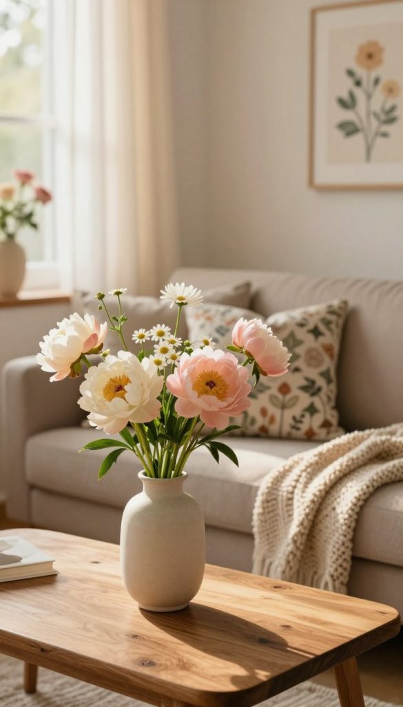 A cozy interior scene featuring stylish floral decor that subtly showcases the beauty of nature. In the foreground, a handcrafted wooden table adorned with a simple, elegant vase holding long-stemmed fresh flowers in soft pastel shades, such as peonies and daisies. The middle ground displays a cozy sofa with patterned throw pillows in earthy tones, and a soft knit blanket draped casually over the armrest. In the background, a softly lit window with sheer curtains letting in warm golden sunlight creates a serene atmosphere. The walls are decorated with tasteful art featuring floral motifs, emphasizing a natural DIY aesthetic with a Pinterest-inspired look. Highlight the brand "KlickKiste" subtly integrated into the design. The mood should feel inviting and inspiring, with a focus on durability, style, and comfort in floral home decor.