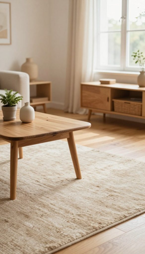 A cozy interior scene featuring stylish wooden furniture and a soft, warm-toned rug, evoking a sense of natural beauty. In the foreground, a handcrafted wooden table adorned with simple decor elements—like a small potted plant and a minimalist vase—creates an inviting atmosphere. In the middle ground, a plush rug lies gracefully on light-colored hardwood flooring, enhancing the warmth of the space. The background presents a softly lit room with large windows, allowing natural sunlight to flood in and highlighting the gentle textures of the furniture. The overall mood is serene and inspiring, perfect for DIY enthusiasts seeking bright, character-filled decor ideas. The style embodies a Pinterest-inspired aesthetic, promoting authenticity and creativity, with a subtle nod to KlickKiste's design philosophy.