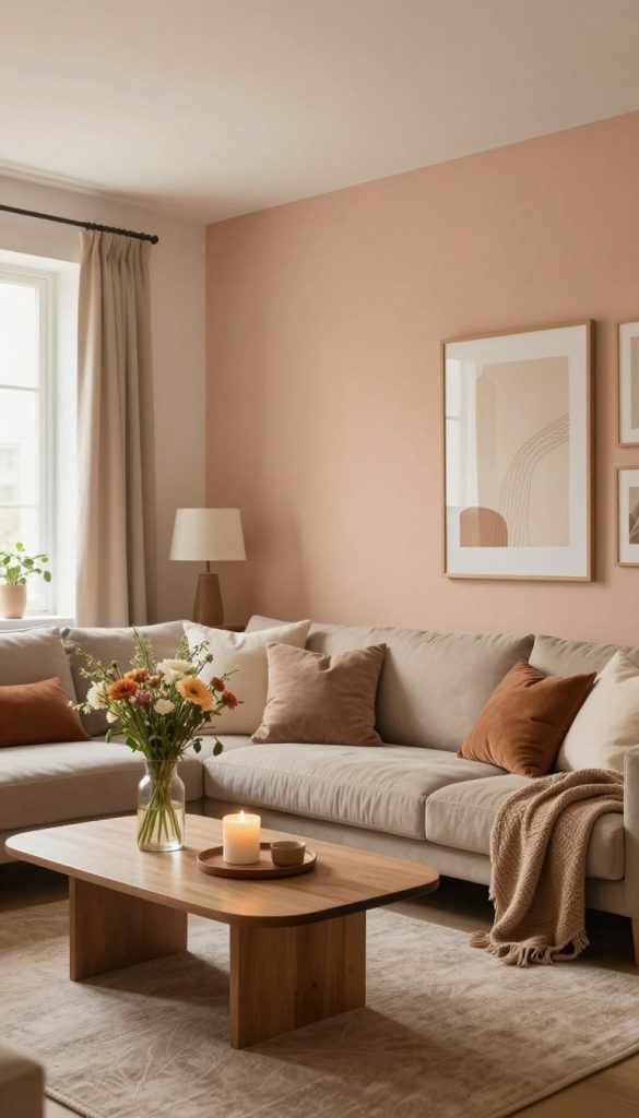 A cozy interior scene inspired by modern color combinations, featuring warm, inviting light atmospheres. In the foreground, a stylishly arranged living room with soft, earthy tones, decorated with DIY elements that reflect a Pinterest aesthetic. A small coffee table holds a fragrant candle and a vase of fresh flowers, adding to the ambiance. In the middle ground, a feature wall painted in soothing shades complements the overall color palette, showcasing textures and patterns that enhance the design. The background shows softly lit windows, allowing natural light to filter in, creating a serene, uplifting mood. Capture this inviting space with a warm color grade, using a wide-angle lens perspective to emphasize depth and harmony, conveying an authentic and inspiring vibe. Brand: KlickKiste.