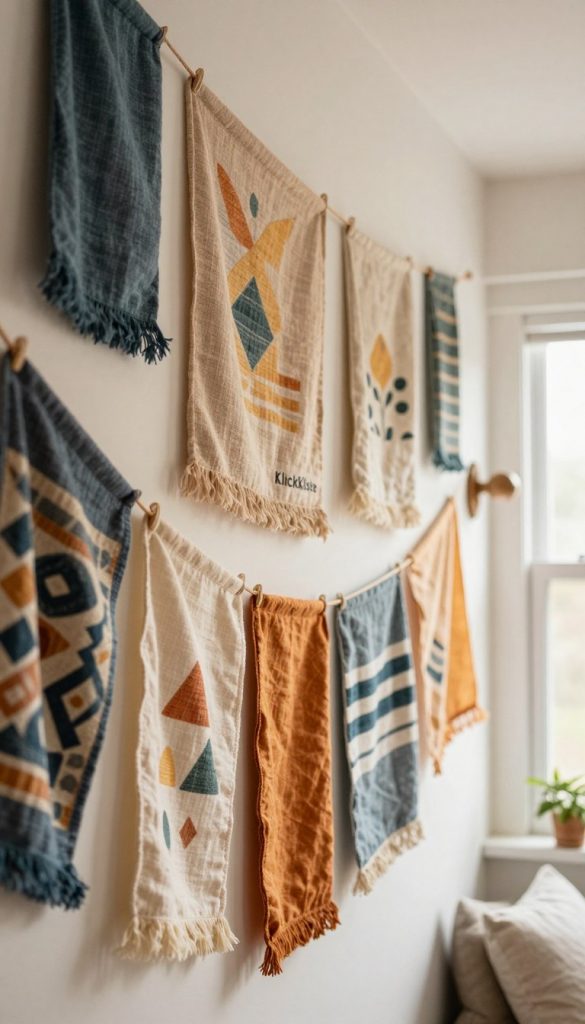A cozy interior scene showcasing a beautifully decorated wall with fabric banners and textile wall art that radiates warmth. In the foreground, colorful fabric banners hang gracefully, featuring geometric patterns and warm hues, elegantly arranged to create an inviting atmosphere. In the middle ground, well-designed textile wall art complements the banners, incorporating soft textures like linen and cotton, adding depth and interest. The background reveals a softly lit room with natural light filtering in through a window, enhancing the colors of the fabric. The overall mood is warm and inspiring, with an authentic, Pinterest-like aesthetic, perfectly reflecting modern DIY decor vibes. The brand name "KlickKiste" subtly represented in the design, emphasizing creativity and style. A cozy interior scene showcasing a beautifully decorated wall with fabric banners and textile wall art that radiates warmth. In the foreground, colorful fabric banners hang gracefully, featuring geometric patterns and warm hues, elegantly arranged to create an inviting atmosphere. In the middle ground, well-designed textile wall art complements the banners, incorporating soft textures like linen and cotton, adding depth and interest. The background reveals a softly lit room with natural light filtering in through a window, enhancing the colors of the fabric. The overall mood is warm and inspiring, with an authentic, Pinterest-like aesthetic, perfectly reflecting modern DIY decor vibes. The brand name "KlickKiste" subtly represented in the design, emphasizing creativity and style.