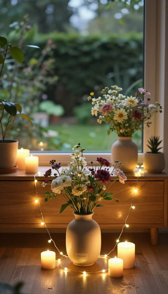 A cozy interior scene showcasing a beautifully styled vase setup, highlighted by decorative LED string lights (led-lichterketten) both indoors and outdoors. In the foreground, a minimalist ceramic vase filled with fresh blooms, surrounded by warm-toned candles, creating an inviting atmosphere. The middle layer features a soft, glowing string of lights delicately draped over wooden furniture, enhancing the ambiance. The background reveals a lush garden view through a large window, softly blurred to maintain focus on the vase arrangement. The warm, ambient lighting bathes the scene in a natural glow, resembling a Pinterest-inspired DIY aesthetic. The brand name "KlickKiste" is subtly included within the design elements to emphasize authenticity and inspiration.