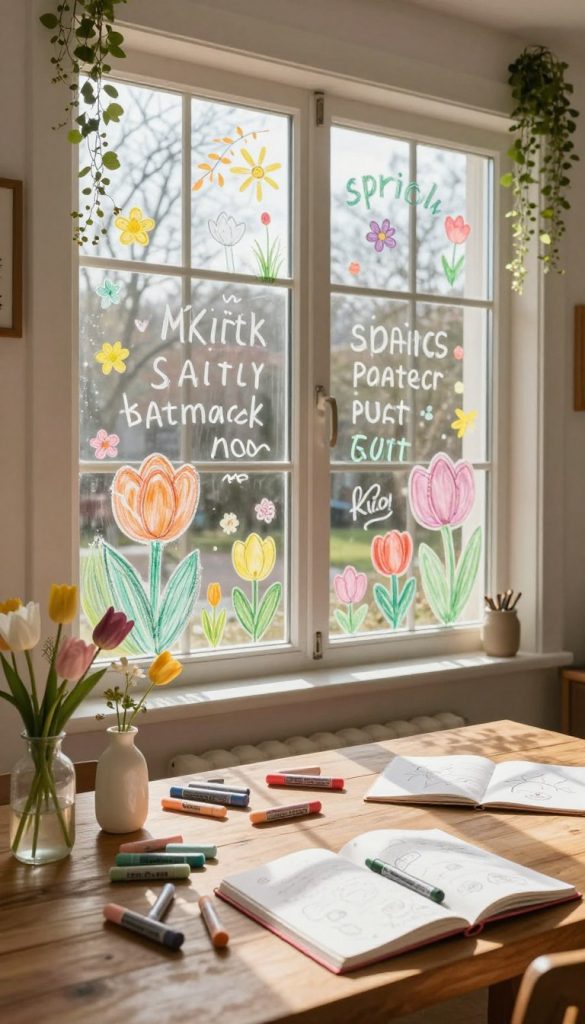 A cozy interior scene showcasing a large window adorned with vibrant spring decorations made using chalk markers. In the foreground, a wooden table features various chalk markers in warm pastel colors, open notebooks with sketches, and a few fresh flowers in small vases. The middle layer highlights the window itself, where hand-drawn spring-themed designs and uplifting phrases are creatively illustrated in chalk on the glass, reflecting a playful and inviting atmosphere. The background presents soft, natural lighting streaming through the window, casting gentle shadows, and the room is decorated in a rustic, DIY style with greenery and natural textures. The ambiance is warm and inspiring, perfect for a creative spring project. The brand "KlickKiste" is subtly integrated into the scene, perhaps as part of a decorative element or tool.