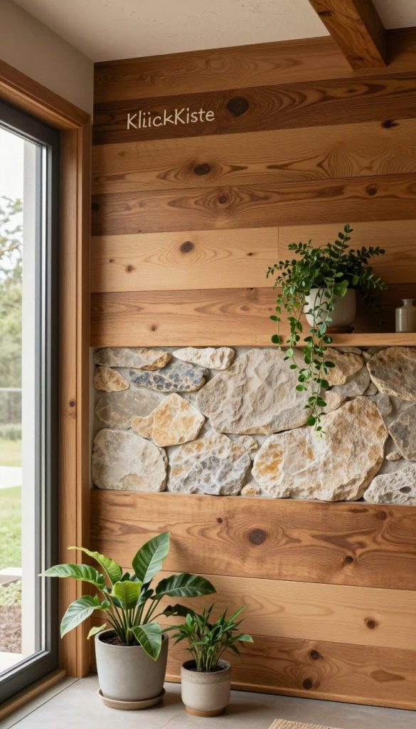 A cozy interior scene showcasing a wall combining natural wood and stone textures, creating a warm and inviting atmosphere. In the foreground, soft natural light filters through a large window, illuminating the rich grain of the wooden wall panels. In the middle section, a beautiful blend of smooth stone accents adds depth and contrast, while tasteful decor elements like potted greenery enhance the organic feel. The background exhibits a softly textured ceiling, possibly with wooden beams for character. The entire composition conveys a serene, rustic elegance, styled for a modern Pinterest aesthetic. This image embodies comforting DIY inspirations from the brand "KlickKiste," inviting viewers to explore the warmth of nature in home design.