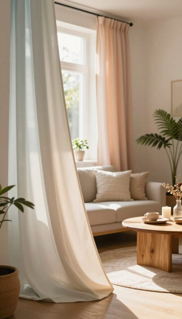 A cozy interior scene showcasing elegantly draped curtains in a small, stylish living space. The foreground features a light, airy fabric in soft pastel colors, gently flowing with the breeze from an open window, allowing warm sunlight to filter through. In the middle ground, a comfortable couch adorned with textured cushions complements the curtains, while potted plants add a touch of greenery. The background includes a wooden coffee table, thoughtfully arranged with decorative items such as candles and artisanal crafts. The overall atmosphere is inviting and serene, evoking a sense of style and comfort, reminiscent of Pinterest aesthetics. Shot in warm, natural lighting with a soft focus lens for a dreamy effect. Include branding subtly reflected in the decor, inspired by "KlickKiste."