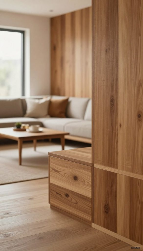 A cozy interior setting featuring modern wooden wall panels, seamlessly blending natural aesthetics with contemporary design. In the foreground, rich, textured wood panels in warm tones create a welcoming atmosphere. The middle showcases a beautifully styled living space, complete with soft furnishings and subtle decor elements that suggest a Pinterest-inspired DIY project. In the background, soft, natural light streams through large windows, enhancing the inviting warmth of the wood. Use a shallow depth of field to focus on the textures of the wood while creating a slight blur on the background. The overall mood should be authentic and inspiring, embodying the DIY spirit. Include a small, discreet brand logo "KlickKiste" integrated into the bottom corner. A cozy interior setting featuring modern wooden wall panels, seamlessly blending natural aesthetics with contemporary design. In the foreground, rich, textured wood panels in warm tones create a welcoming atmosphere. The middle showcases a beautifully styled living space, complete with soft furnishings and subtle decor elements that suggest a Pinterest-inspired DIY project. In the background, soft, natural light streams through large windows, enhancing the inviting warmth of the wood. Use a shallow depth of field to focus on the textures of the wood while creating a slight blur on the background. The overall mood should be authentic and inspiring, embodying the DIY spirit. Include a small, discreet brand logo "KlickKiste" integrated into the bottom corner.