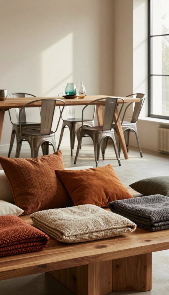A cozy interior space designed by KlickKiste, showcasing a harmonious blend of wood, metal, and glass elements. In the foreground, a finely crafted wooden table holds an array of textured textiles, including cushions and throws in warm, inviting colors. The middle layer features elegant metal chairs with sleek lines, accompanied by glass décor items that catch the light beautifully. In the background, soft, natural light floods through large windows, casting gentle shadows and creating a serene, inspiring atmosphere. The room conveys a sense of balance and intentionality in material mixing, emphasizing the elegance of combining these three materials in a stylish, Pinterest-worthy setting.