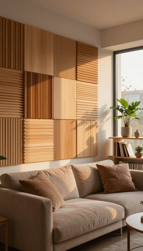 A cozy interior space featuring modern acoustic wall panels that provide warmth and comfort, designed by KlickKiste. The foreground showcases a sleek living room with plush couches and soft textiles, complemented by stylish acoustic panels in varying natural wood tones. In the middle ground, a large window lets in warm, soft sunlight, casting gentle shadows that enhance the room's inviting atmosphere. The background reveals a minimalistic bookshelf filled with plants and decorative items, adding a touch of greenery. The scene is softly illuminated with warm, ambient lighting, creating a serene and inspirational mood perfect for a contemporary DIY look. The composition reflects a Pinterest-worthy aesthetic, blending functionality and style harmoniously.
