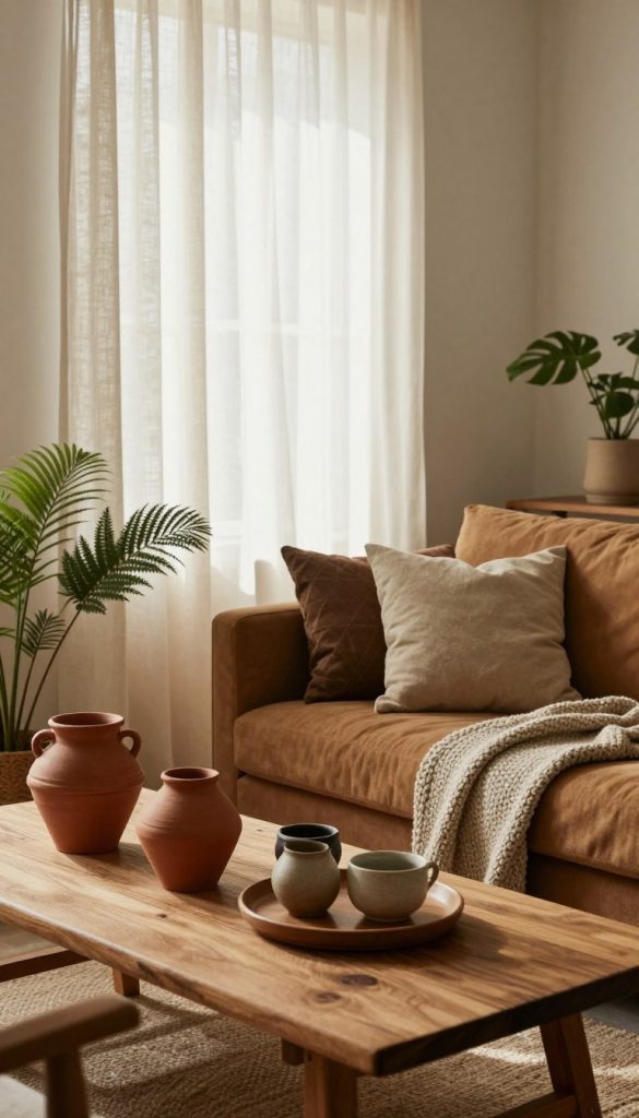 A cozy interior space featuring soft natural light filtering through sheer curtains. In the foreground, a wooden table adorned with earthy-tone decorative elements like terracotta pots, handmade ceramics, and lush greenery, creating an inviting atmosphere. The middle ground showcases a comfortable sofa upholstered in warm, muted fabrics, complemented by textured throw pillows and a knitted blanket. The background reveals a softly painted wall in neutral hues, enhancing the serene ambience. The room is illuminated with warm, diffused lighting, creating a calming effect reminiscent of nature. The overall mood is peaceful and inspiring, inviting viewers to appreciate the art of designing spaces with natural tones. The scene reflects a Pinterest-worthy aesthetic, embodying the essence of a harmonious living environment by KlickKiste.