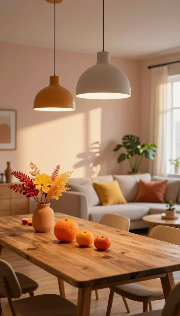 A cozy interior space showcasing a contemporary DIY setting, emphasizing the interplay of light and color. In the foreground, a rustic wooden table adorned with vibrant, warm-toned decorations (think oranges, yellows, and soft reds). The middle layer features stylish light fixtures casting soft, ambient light, creating a welcoming atmosphere. The background shows a well-lit stylish living room with pastel-colored walls, complemented by plants that enhance the natural feel. Utilize a warm golden hour lighting effect, with soft shadows enhancing depth. The composition should evoke an inspiring, inviting mood, perfect for home decoration enthusiasts. Include a subtle branding element for "KlickKiste" in the decor.