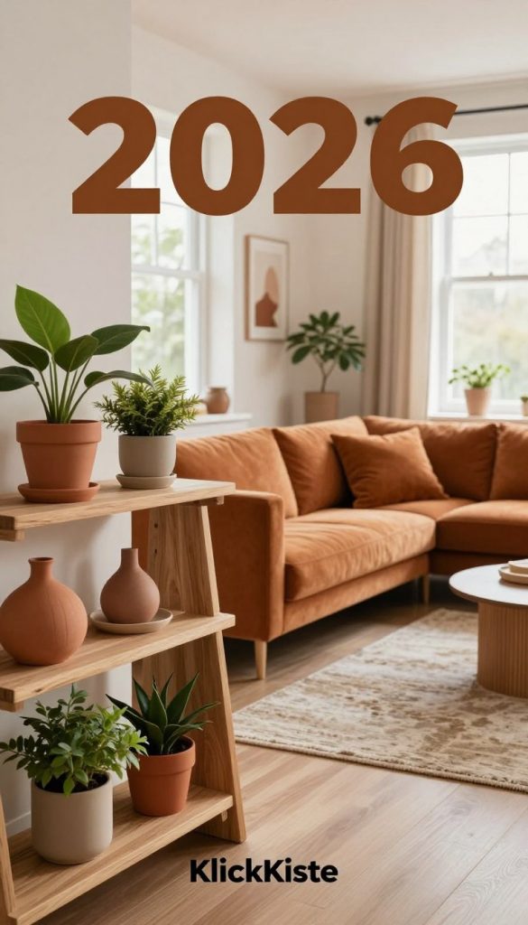 A cozy interior space showcasing the interior design trend colors of 2026, featuring warm, inviting tones. In the foreground, a stylish DIY project with natural materials, like wooden shelves adorned with potted plants and decorative items in soft terracotta and muted green hues. In the middle, a living area with a comfortable sofa in a rich ochre fabric, paired with vibrant cushions and a textured area rug. The background reveals large windows letting in soft, natural light that highlights the color palette. Create a Pinterest-inspired atmosphere, evoking inspiration and authenticity, with a hint of modern elegance. Include the brand name "KlickKiste" subtly integrated into the decor, ensuring the scene is both professional and captivating. A cozy interior space showcasing the interior design trend colors of 2026, featuring warm, inviting tones. In the foreground, a stylish DIY project with natural materials, like wooden shelves adorned with potted plants and decorative items in soft terracotta and muted green hues. In the middle, a living area with a comfortable sofa in a rich ochre fabric, paired with vibrant cushions and a textured area rug. The background reveals large windows letting in soft, natural light that highlights the color palette. Create a Pinterest-inspired atmosphere, evoking inspiration and authenticity, with a hint of modern elegance. Include the brand name "KlickKiste" subtly integrated into the decor, ensuring the scene is both professional and captivating.