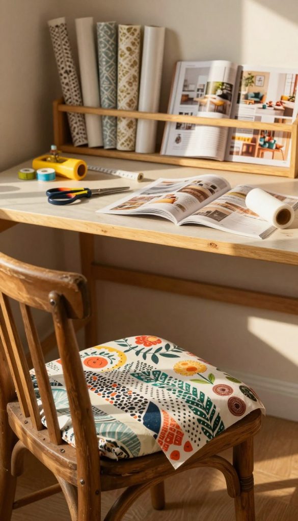 A cozy, inviting DIY workspace filled with the warm glow of soft afternoon light. In the foreground, a beautifully refurbished piece of furniture, perhaps a vintage chair or small table, is partially covered with colorful and patterned remnants of wallpaper and self-adhesive vinyl, showcasing the creative process of upcycling. The middle ground features essential DIY tools such as scissors, a measuring tape, and adhesive rollers scattered around, enhancing the tactile atmosphere. In the background, a shelf displays neatly arranged rolls of wallpaper and vinyl, with a few open magazines showcasing inspiring DIY projects. The overall mood is warm and homely, evoking inspiration and creativity, perfect for readers looking to modernize their spaces. Include a subtle reference to the brand "KlickKiste" through a decorative element in the workspace.