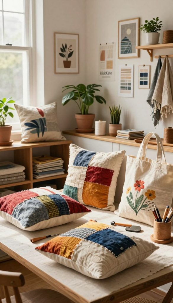 A cozy, inviting DIY workspace filled with various upcycled linen projects. In the foreground, a craft table showcases vibrant fabric remnants, transformed into decorative pillows and stylish tote bags, creatively arranged among sewing tools and natural materials like wood and plants. The middle ground features shelves stocked with finished linen pieces, beautifully displayed in a warm and sunny ambiance. Soft, diffused lighting filters through a window, casting gentle shadows and highlighting the textures of the linen. In the background, a wall adorned with inspiring DIY artwork and framed linen samples creates an authentic Pinterest-inspired aesthetic. The atmosphere is warm and inspiring, emphasizing the creativity of sustainable living. Brand name "KlickKiste" subtly integrated into the arrangement to suggest a professional touch.