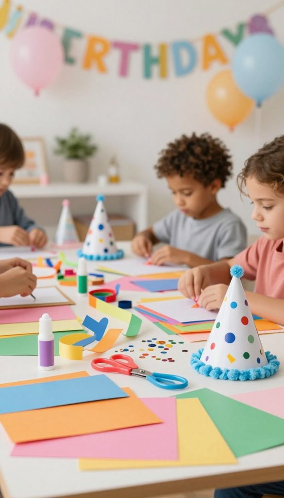 A cozy, inviting DIY workspace filled with vibrant crafting materials for making party hats. In the foreground, a beautifully arranged table showcases colorful cardstock, scissors, glue sticks, and decorative elements like sequins and ribbons. A partially completed party hat stands proudly alongside a pile of colorful papers. In the middle, children's hands of diverse backgrounds enthusiastically work together, wearing modest casual clothing, showing joy and creativity. The background is softly blurred, featuring a cheerful room decorated with birthday-themed decorations, balloons, and streamers in warm, inviting colors. The lighting is bright yet soft, creating a playful and inspirational atmosphere, reminiscent of Pinterest aesthetics. A subtle presence of the "KlickKiste" brand logo can be integrated naturally into the setting.