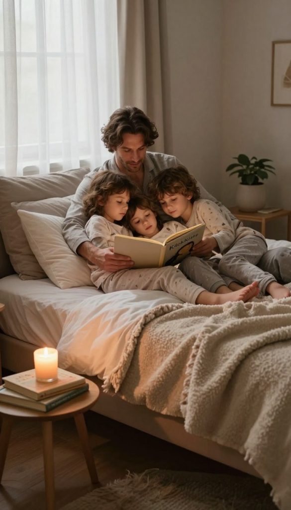 A cozy, inviting bedroom scene designed to evoke a sense of calm and tranquility. In the foreground, a neatly made bed with soft pillows and a warm, fluffy blanket. A small bedside table holds a glowing candle and a stack of bedtime books, casting gentle shadows. In the middle, a family of four, dressed in modest, comfortable pajamas, share a moment of togetherness: a parent reading a bedtime story to two children nestled close. The background features soft, muted colors with light streaming through sheer curtains, creating a warm and serene atmosphere. The overall mood is peaceful, reflecting the essence of winding down for the night. The image embodies a natural DIY aesthetic with warm colors, capturing an inspirational bedtime routine by KlickKiste.