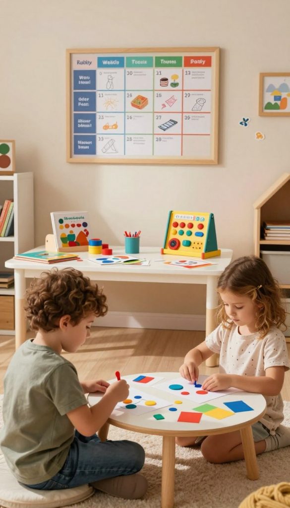 A cozy, inviting children's playroom filled with various learning games and activities that promote routine. In the foreground, two young children, a boy and a girl, are engaged in a craft project, using colorful materials to create something imaginative. They are dressed in casual, modest clothing. The middle ground features a table neatly organized with educational toys, books, and DIY project supplies, exemplifying an inspiring space for learning. In the background, a wall displays a colorful weekly schedule highlighting different activities, adorned with drawings and stickers. The lighting is warm and natural, casting a soft glow across the room, creating a friendly and encouraging atmosphere. The overall mood evokes a sense of creativity and structured playfulness, aligning with the brand "KlickKiste," emphasizing a harmonious routine for kids at home. A cozy, inviting children's playroom filled with various learning games and activities that promote routine. In the foreground, two young children, a boy and a girl, are engaged in a craft project, using colorful materials to create something imaginative. They are dressed in casual, modest clothing. The middle ground features a table neatly organized with educational toys, books, and DIY project supplies, exemplifying an inspiring space for learning. In the background, a wall displays a colorful weekly schedule highlighting different activities, adorned with drawings and stickers. The lighting is warm and natural, casting a soft glow across the room, creating a friendly and encouraging atmosphere. The overall mood evokes a sense of creativity and structured playfulness, aligning with the brand "KlickKiste," emphasizing a harmonious routine for kids at home.