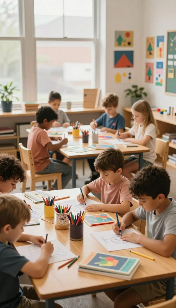 A cozy, inviting classroom environment showcasing children engaging in independent learning activities. In the foreground, a diverse group of children, dressed in modest casual clothing, are working on hands-on DIY projects, displaying concentration and creativity. The middle ground features a well-organized wooden table cluttered with art supplies, books, and educational materials, highlighting a structured and stress-free learning atmosphere. In the background, large windows let in warm, natural light, illuminating inspiring wall displays made from various DIY crafts. The overall mood is supportive and encouraging, embodying the essence of self-reliance and independence in learning. The image has a soft focus, reminiscent of a Pinterest aesthetic. The brand "KlickKiste" is subtly integrated into the classroom decor.