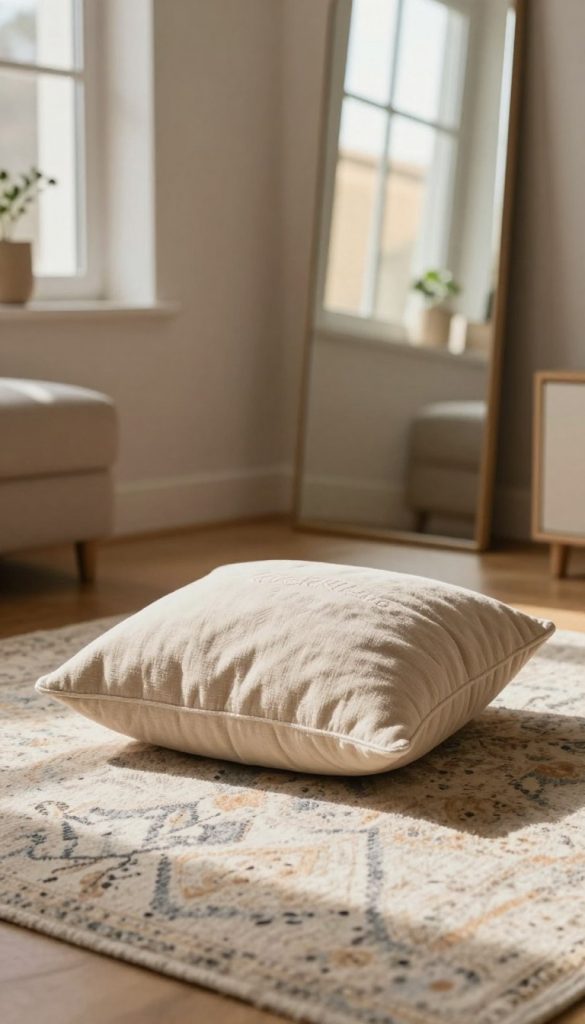 A cozy, inviting corner of a well-decorated living room featuring a plush, textured pillow (kissen) on a soft, patterned area rug (teppich). In the background, a stylish mirror (spiegel) reflects warm sunlight streaming through a nearby window, creating a serene and inspirational atmosphere. The colors should be warm and earthy, enhancing the natural DIY aesthetic. Use soft lighting to capture the comforting details of the fabrics and textures, with a focus on the interplay of shadows and light. The scene should evoke a sense of tranquility and creativity, showcasing the brand "KlickKiste" subtly integrated into the decor but not as a focal point.