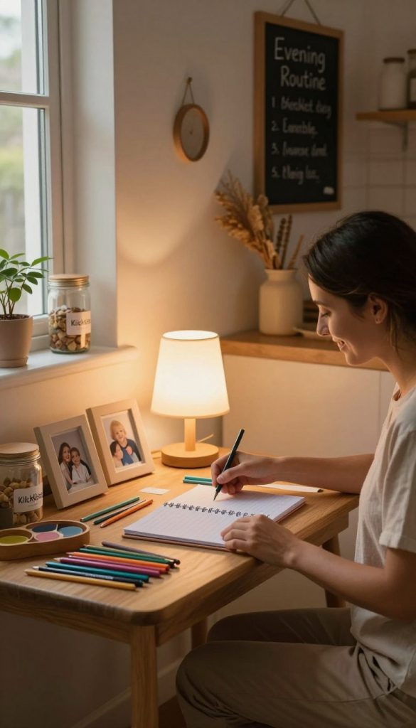 A cozy, inviting evening scene that captures the essence of family routines. In the foreground, a mother in modest casual clothing, showing a warm smile, efficiently organizes a small wooden table with DIY art supplies and a planner. In the middle, a softly glowing table lamp adds a comforting light that highlights the beautifully arranged supplies, with a few family photos in pastel frames nearby. The background features a warm-toned kitchen area with earthy decorations and a chalkboard displaying a handwritten "Evening Routine" list. The atmosphere is serene and inspirational, embodying a Pinterest aesthetic with natural light filtering through a window, casting gentle shadows. Brand glass jars labeled "KlickKiste" are also visible, promoting a sense of organization and creativity in daily life.