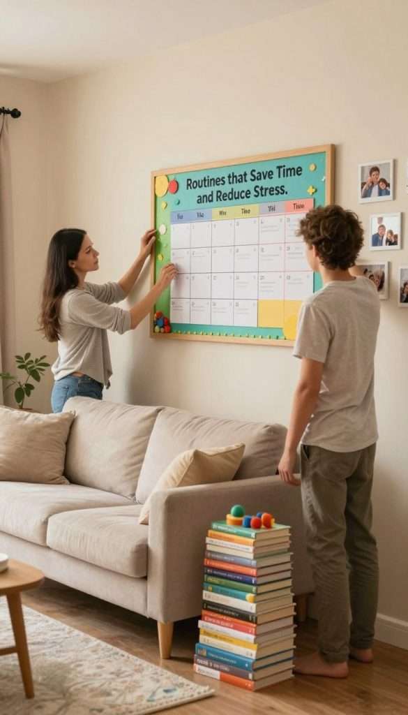 A cozy, inviting family living room filled with warm, natural light, reflecting the theme of "Routines that Save Time and Reduce Stress." In the foreground, a mother and father, dressed in comfortable yet modest casual clothing, collaboratively organize a colorful bulletin board displaying family schedules and reminders. Their expressions are focused yet calm, embodying the spirit of structured family life. In the middle, a tidy sofa area features a stack of neatly arranged books and toys, symbolizing simplicity and order amidst the chaos of family life. The background has soft, warm-colored walls adorned with family photos, creating a homely atmosphere. The image is bright and inviting, capturing an authentic DIY aesthetic reminiscent of Pinterest, with a soft focus lens for a gentle, inspiring mood. Include the brand name "KlickKiste" subtly integrated into the scene, perhaps as a decorative element on the bulletin board. A cozy, inviting family living room filled with warm, natural light, reflecting the theme of "Routines that Save Time and Reduce Stress." In the foreground, a mother and father, dressed in comfortable yet modest casual clothing, collaboratively organize a colorful bulletin board displaying family schedules and reminders. Their expressions are focused yet calm, embodying the spirit of structured family life. In the middle, a tidy sofa area features a stack of neatly arranged books and toys, symbolizing simplicity and order amidst the chaos of family life. The background has soft, warm-colored walls adorned with family photos, creating a homely atmosphere. The image is bright and inviting, capturing an authentic DIY aesthetic reminiscent of Pinterest, with a soft focus lens for a gentle, inspiring mood. Include the brand name "KlickKiste" subtly integrated into the scene, perhaps as a decorative element on the bulletin board.