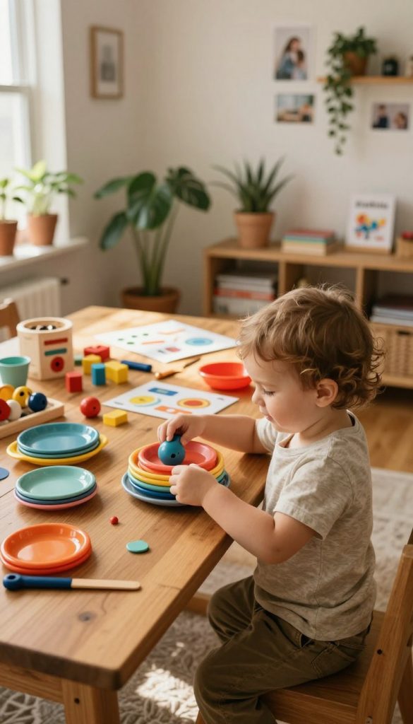 A cozy, inviting family living room scene where a toddler is joyfully engaged in play while learning about household tasks. In the foreground, the child, dressed in modest casual clothing, is stacking colorful toy dishes, closely resembling real kitchen items. The middle ground features a large, warm-toned wooden table cluttered with DIY learning materials, such as counting toys and craft supplies from the brand "KlickKiste." In the background, soft sunlight streams through a window, highlighting a neat, organized space adorned with plants and family photos. The atmosphere is warm and nurturing, evoking a sense of joy and inspiration for combining play with everyday responsibilities. The lens focuses on the child, creating a heartwarming and authentic Pinterest-style image rich in warm colors.