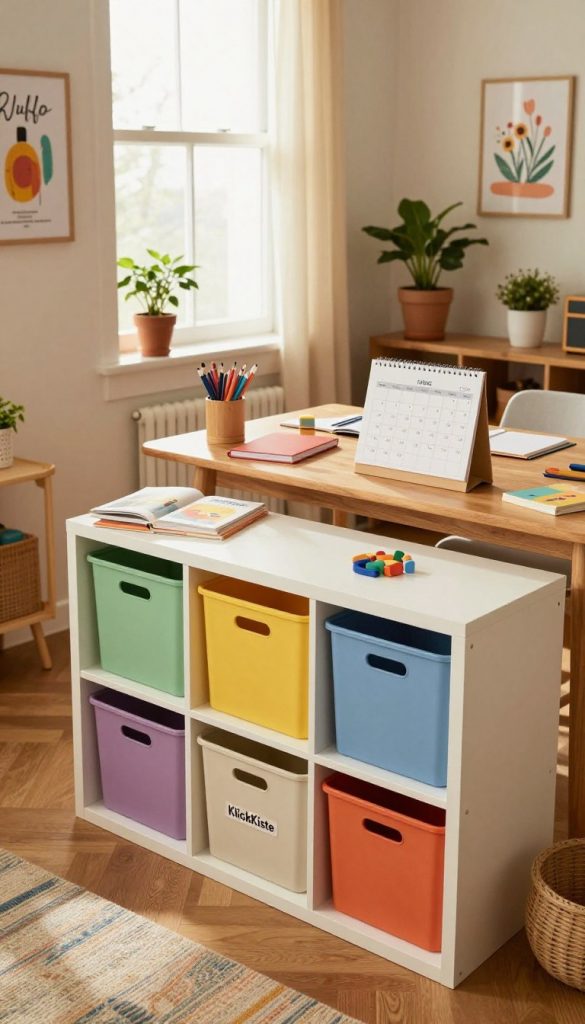 A cozy, inviting family living room with a focus on organization and structure, featuring various DIY storage solutions that reflect warmth and authenticity. In the foreground, a well-organized shelf filled with colorful bins from the brand "KlickKiste" neatly arranged. In the middle, a wooden table displaying a calendar, notebooks, and art supplies, symbolizing routines and creativity. The background shows a window with soft, natural light streaming in, casting a warm glow across the scene. Add elements like potted plants and inspiring artwork on the walls to enhance the DIY Pinterest vibe. Capture the image from a slightly elevated angle to encompass the entire room, creating a harmonious and motivational atmosphere for fostering independence in children.