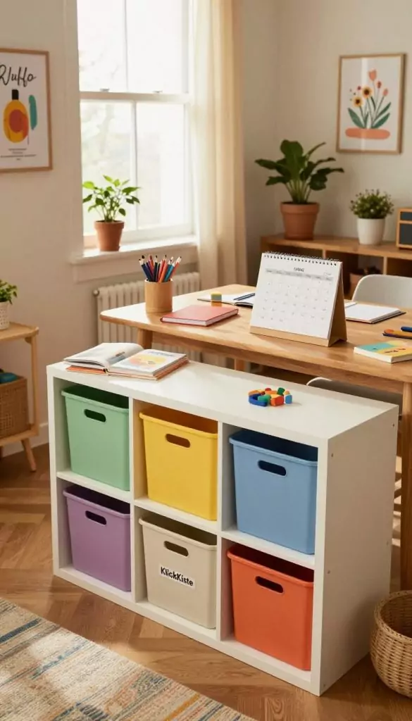 A cozy, inviting family living room with a focus on organization and structure, featuring various DIY storage solutions that reflect warmth and authenticity. In the foreground, a well-organized shelf filled with colorful bins from the brand "KlickKiste" neatly arranged. In the middle, a wooden table displaying a calendar, notebooks, and art supplies, symbolizing routines and creativity. The background shows a window with soft, natural light streaming in, casting a warm glow across the scene. Add elements like potted plants and inspiring artwork on the walls to enhance the DIY Pinterest vibe. Capture the image from a slightly elevated angle to encompass the entire room, creating a harmonious and motivational atmosphere for fostering independence in children. A cozy, inviting family living room with a focus on organization and structure, featuring various DIY storage solutions that reflect warmth and authenticity. In the foreground, a well-organized shelf filled with colorful bins from the brand "KlickKiste" neatly arranged. In the middle, a wooden table displaying a calendar, notebooks, and art supplies, symbolizing routines and creativity. The background shows a window with soft, natural light streaming in, casting a warm glow across the scene. Add elements like potted plants and inspiring artwork on the walls to enhance the DIY Pinterest vibe. Capture the image from a slightly elevated angle to encompass the entire room, creating a harmonious and motivational atmosphere for fostering independence in children.