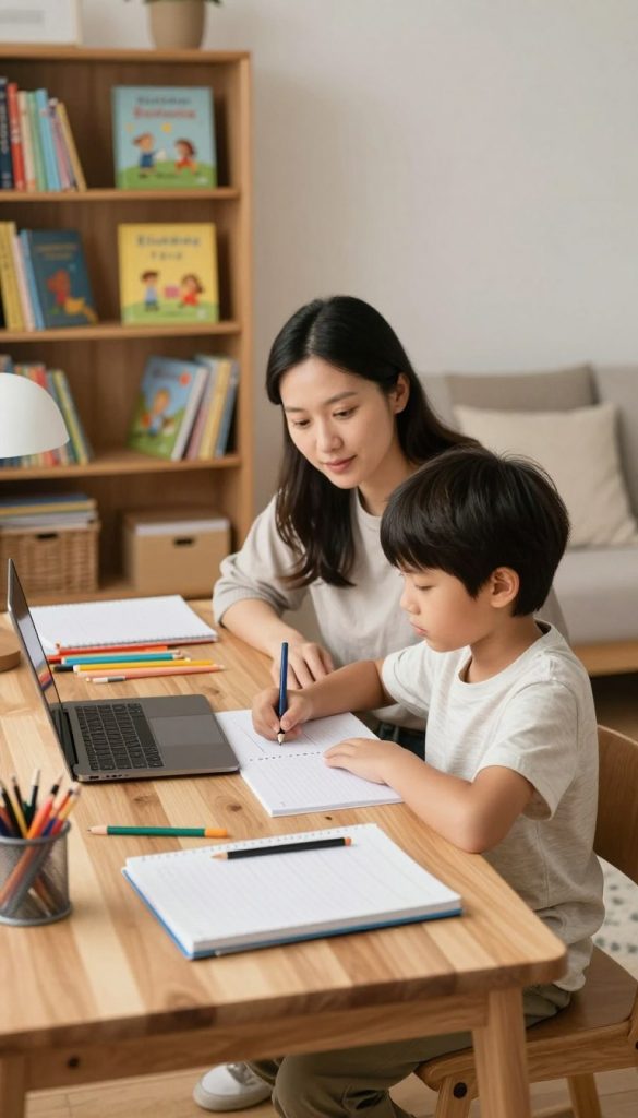A cozy, inviting family study space, featuring a warm color palette with soft, natural lighting. In the foreground, a wooden desk is neatly organized with school supplies, notebooks, and an open laptop. A child, dressed in modest casual clothing, is seated at the desk, focused on their studies with a look of determination. In the middle ground, a parent is gently guiding the child, embodying a supportive presence without interrupting their focus. The background features a well-stocked bookshelf with colorful children's books and a comfortable reading nook adorned with cushions. This scene captures a sense of structure, connection, and independence, reflecting the theme "KlickKiste"—authentic, inspiring, and tailored for family learning and growth.