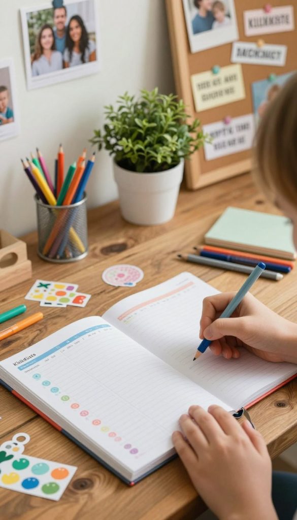 A cozy, inviting family workspace showcasing a colorful weekly planner spread across a rustic wooden table, adorned with various organization tools like stickers, colored pens, and a potted plant for a touch of nature. In the foreground, a close-up of hands writing on the planner, emphasizing a sense of routine and harmony. The middle ground features bright, warm lighting that enhances the DIY aesthetic, highlighting the textures of the paper and the vibrant colors of the tools. In the background, softly blurred family photos and a corkboard filled with inspirational quotes create a homely atmosphere. The overall mood is warm and motivational, reflecting the brand "KlickKiste" with a Pinterest-inspired, authentic vibe ideal for family organization tips.