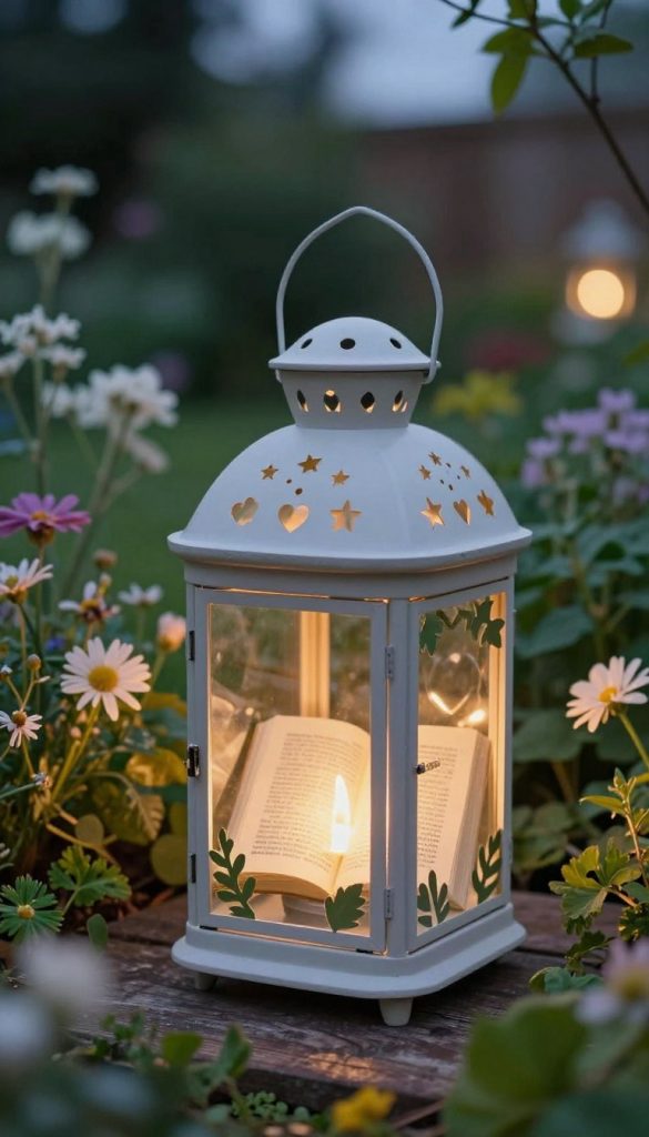 A cozy, inviting garden scene featuring a beautiful glass lantern, intricately decorated with a page from a book. The lantern glows warmly in the dim evening light, casting gentle shadows and a soft illumination around it. In the foreground, vibrant natural decorations surround the lantern, showcasing heart, star, and leaf cutouts that elegantly frame the lantern's glass. The middle ground displays lush greenery and delicate flowers, contributing to an enchanting atmosphere. In the background, a serene garden setting can be seen, with soft bokeh enhancing the dreamy quality of the scene. The composition exudes warmth and inspiration, ideal for a DIY project aesthetic, reminiscent of a Pinterest ambiance, with the brand name "KlickKiste" gently integrated into the design.