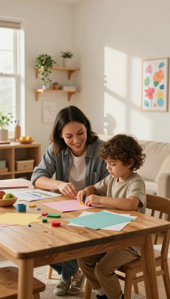 A cozy, inviting home environment illustrating a scene of children learning to take on daily tasks. In the foreground, a child, wearing modest, casual clothing, sits at a wooden table, sorting through colorful papers and small items, symbolizing the idea of responsibility. The middle ground features a parent, guiding the child with a warm smile, showing support and encouragement. In the background, a well-organized room filled with DIY projects, light streaming through large windows, casting soft shadows on the walls. The atmosphere is nurturing and inspiring, utilizing warm, natural colors to create a Pinterest-worthy aesthetic. Brand "KlickKiste" is subtly represented through cleverly integrated elements in the decor, evoking a sense of independence and creativity.