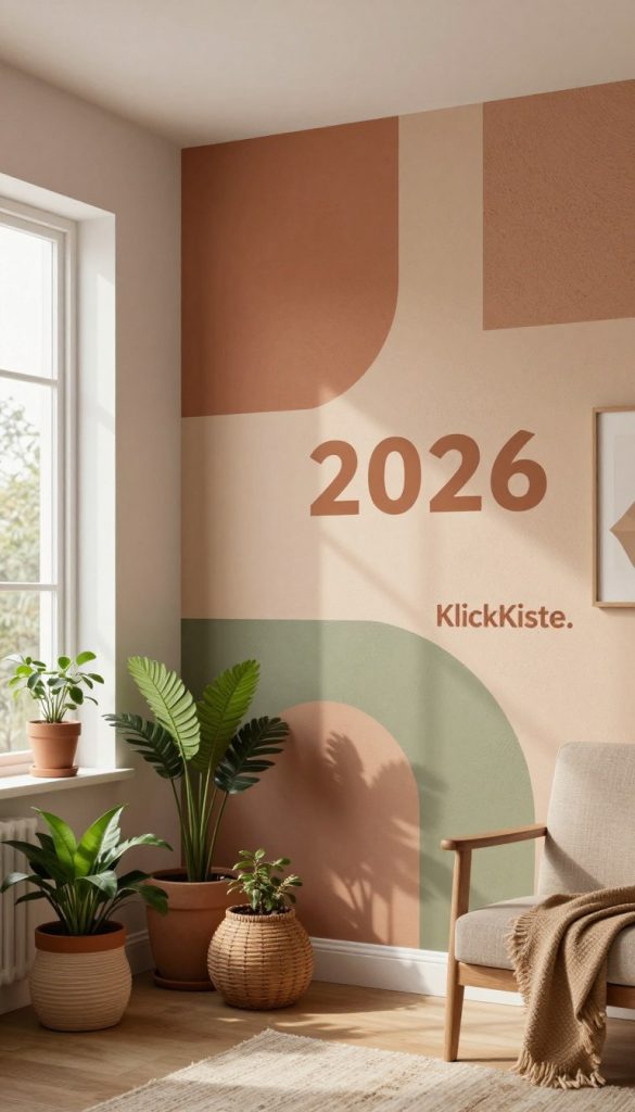 A cozy, inviting home interior showcasing a DIY accent wall designed for 2026, featuring warm earthy tones like terracotta, soft beige, and muted olive green. In the foreground, include a stylish home decor setup with potted plants and handmade furniture presenting a Pinterest-inspired look. The middle ground should focus on the beautifully painted accent wall, incorporating geometric patterns and textures that create visual interest without overwhelming the space. In the background, softly lit windows allow natural light to pour in, casting gentle shadows and highlights. The atmosphere should evoke creativity and warmth, emphasizing an authentic DIY vibe. Ensure a clean, professional look that represents the brand "KlickKiste."