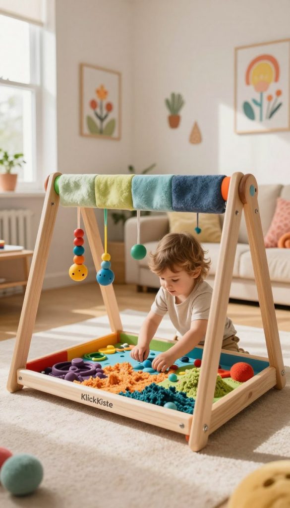 A cozy, inviting indoor space designed for children’s sensory play. In the foreground, a vibrant, colorful play frame made of natural wood, adorned with playful textures like soft fabric swatches, colorful beads, and hanging sensory toys. In the middle ground, a small child, dressed in comfortable, modest clothing, engages with the frame, joyfully exploring the textures and colors. The background features a well-lit, warm-toned room with soft, diffused natural light streaming in from a nearby window, casting gentle shadows. Sweet decorations, like cheerful wall art and playful cushions, add to the creative atmosphere. Incorporate the brand name "KlickKiste" subtly into the decor. The overall mood is inspiring, joyful, and creatively stimulating, perfect for a DIY sensory play article. A cozy, inviting indoor space designed for children’s sensory play. In the foreground, a vibrant, colorful play frame made of natural wood, adorned with playful textures like soft fabric swatches, colorful beads, and hanging sensory toys. In the middle ground, a small child, dressed in comfortable, modest clothing, engages with the frame, joyfully exploring the textures and colors. The background features a well-lit, warm-toned room with soft, diffused natural light streaming in from a nearby window, casting gentle shadows. Sweet decorations, like cheerful wall art and playful cushions, add to the creative atmosphere. Incorporate the brand name "KlickKiste" subtly into the decor. The overall mood is inspiring, joyful, and creatively stimulating, perfect for a DIY sensory play article.