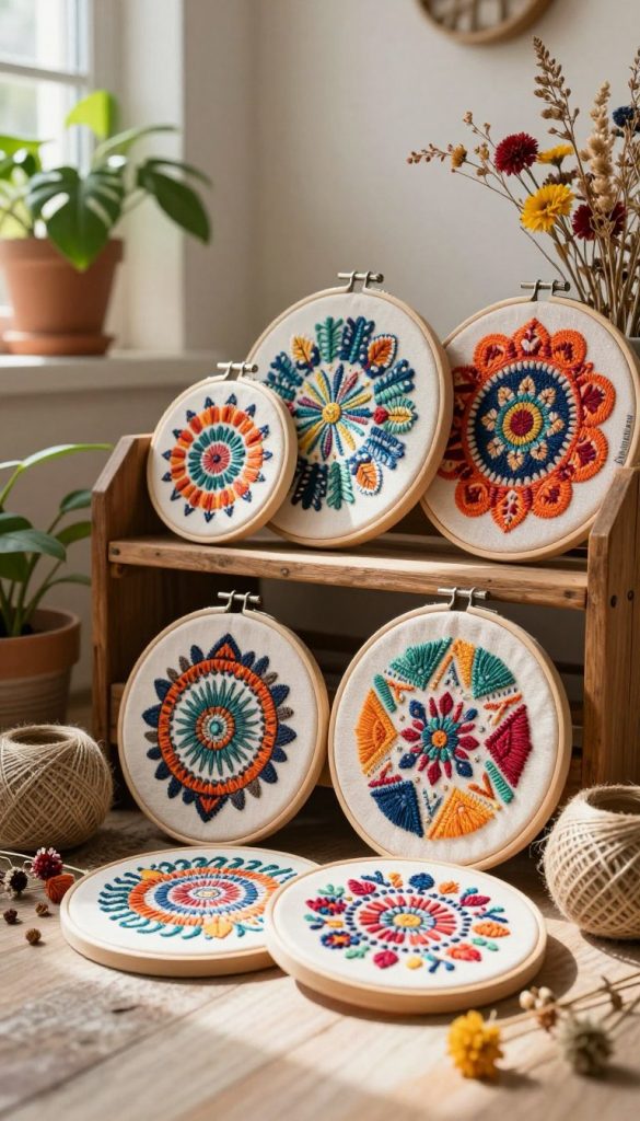 A cozy, inviting interior scene featuring a collection of beautifully arranged embroidery hoops in various sizes adorned with colorful fabric scraps in bohemian patterns. The foreground showcases a close-up of two hoops with intricate designs, surrounded by natural materials like twine and dried flowers, creating a warm and textured visual. In the middle, a vintage wooden shelf displays several more decorated hoops against a softly blurred background of a sunlit room filled with houseplants, enhancing the boho luxe vibe. The sunlight filters in gently, casting soft shadows and highlights on the texture of the fabrics. The overall atmosphere is vibrant yet serene, embodying an inspiring, Pinterest-worthy aesthetic perfect for DIY enthusiasts. The brand name "KlickKiste" subtly incorporated in the scene, emphasizing creativity and style.