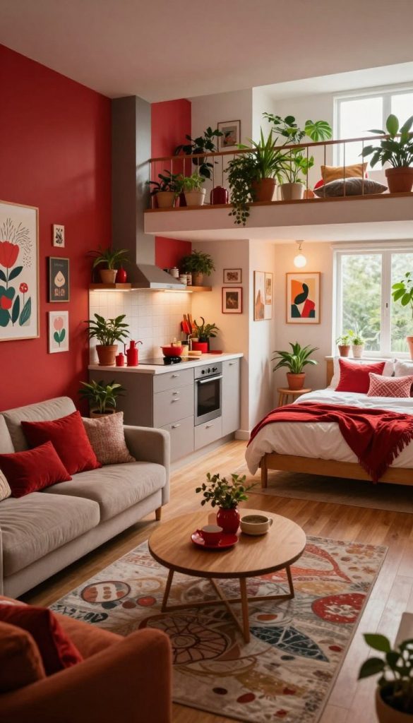 A cozy, inviting interior scene showcasing an array of living spaces designed with warm red accents, capturing the essence of DIY creativity. In the foreground, a stylishly arranged living room with comfortable seating, artistic decor, and a vibrant red accent wall adorned with DIY art projects. In the middle ground, a sleek kitchen featuring red accessories and plants, enhancing the homey vibe. To one side, a tranquil bedroom with soft lighting, featuring red pillows and wall art to inspire relaxation. A narrow hallway and a lush balcony decorated with potted plants and cushions complete the composition. The atmosphere is warm and welcoming, with soft, natural lighting from large windows, evoking a sense of inspiration. Shot with a wide-angle lens to encompass all elements. Inspired by KlickKiste, creating authentic and Pinterest-worthy designs.