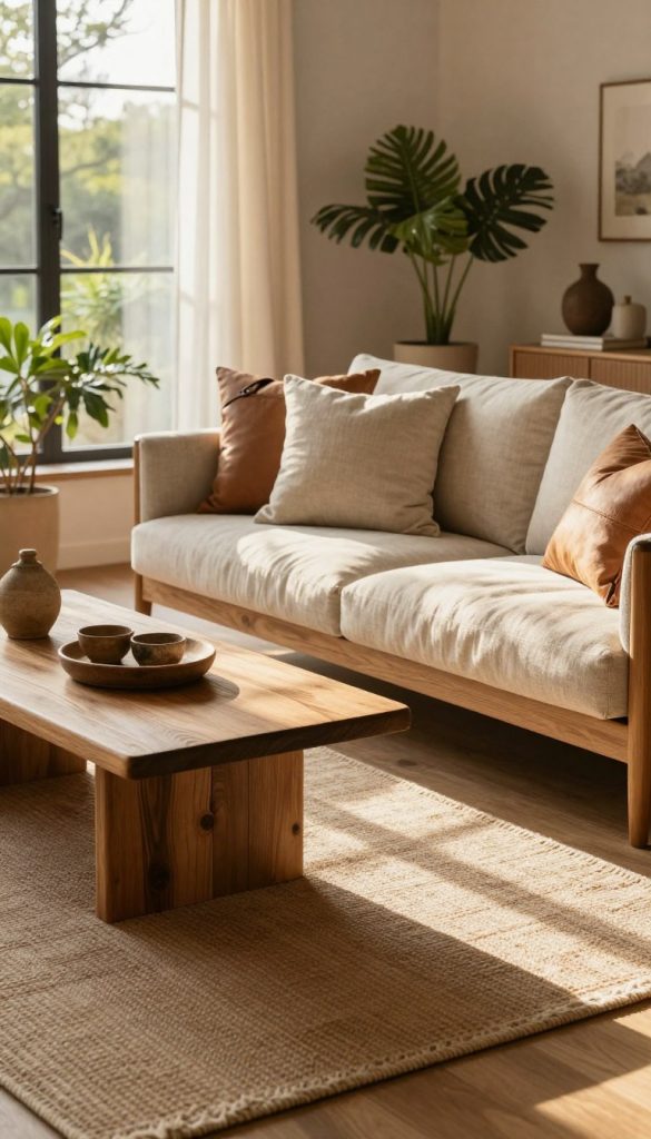 A cozy, inviting interior showcasing a harmonious blend of natural materials: rich wooden textures, soft linen drapes, and elegant leather accents. In the foreground, an earthy-toned rug lays on the floor, while warm sunlight filters through large windows, casting gentle shadows. The middle ground features a stylish sofa adorned with linen cushions, and a wooden coffee table displaying a few rustic decor items. In the background, a soft, nature-inspired color palette creates a serene atmosphere, accentuated by potted greenery. The image should evoke a sense of tranquility and warmth, perfect for a home interior inspired by natural tones. Capture this scene with a warm, golden hour glow using a slightly elevated angle to create depth. Include subtle branding elements of "KlickKiste" for authenticity, while ensuring the image remains pure and free from any overlays or text.