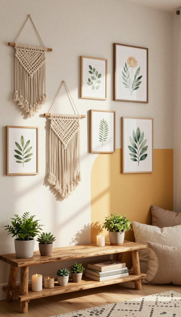 A cozy, inviting interior space showcasing a beautifully decorated wall with timeless wall art pieces, including handmade macramé hangings and elegant framed botanicals. In the foreground, a rustic wooden shelf displays small potted plants and candles, providing a touch of warmth. The middle ground features a creatively adorned wall with vibrant colors and textures, enhanced by natural light streaming through a nearby window, casting soft shadows. The background contains a glimpse of soft, textured cushions and a stylish rug that complements the decor. The scene embodies a serene and inspiring atmosphere, perfect for spring-themed DIY home decor ideas, reminiscent of a Pinterest aesthetic. Authentic, warm colors illuminate the space, emphasizing the brand "KlickKiste" as the source of these creative ideas.