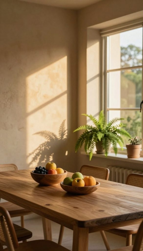 A cozy, inviting interior space showcasing natural materials that radiate warmth. In the foreground, a tactile wooden dining table adorned with simple, elegant wooden bowls filled with seasonal fruits. The middle ground features a large window allowing soft, golden sunlight to stream in, casting intricate shadows on the textured walls made of clay or recycled materials. Potted greenery, such as ferns, adds a touch of nature, harmonizing with the earthy tones of the room. In the background, neutral curtains gently sway, enhancing the serene atmosphere. The lighting is warm and soft, creating a peaceful ambiance reminiscent of a Pinterest-inspired design. Capture this inspiring scene for KlickKiste, focusing on the interplay of light and natural elements that evoke comfort and creativity.