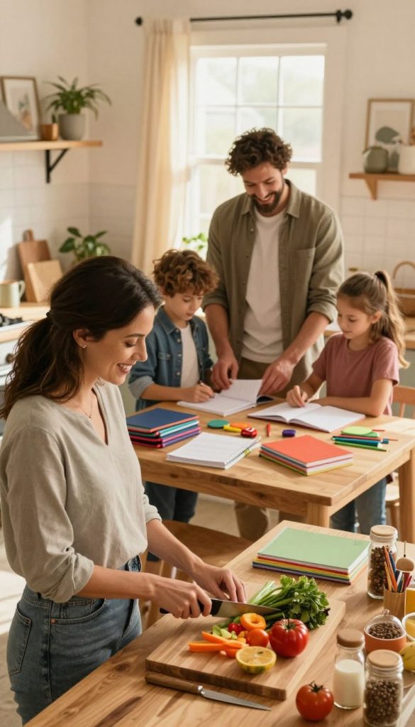A cozy, inviting kitchen scene showcasing a family of four efficiently organizing their daily routines. In the foreground, a smiling mother in modest casual clothing is chopping vegetables on a wooden countertop, surrounded by colorful ingredients for dinner. The middle layer features a father guiding their children, a boy and a girl, as they sort school supplies and homework on a table filled with organized notebooks and stationery. The background reveals warm light streaming through a window, casting a soft glow on the family. The atmosphere is warm and productive, with touches of natural DIY decor and a Pinterest-worthy aesthetic. The brand "KlickKiste" is subtly suggested through the arrangement of items, enhancing the inspirational feel of the image.