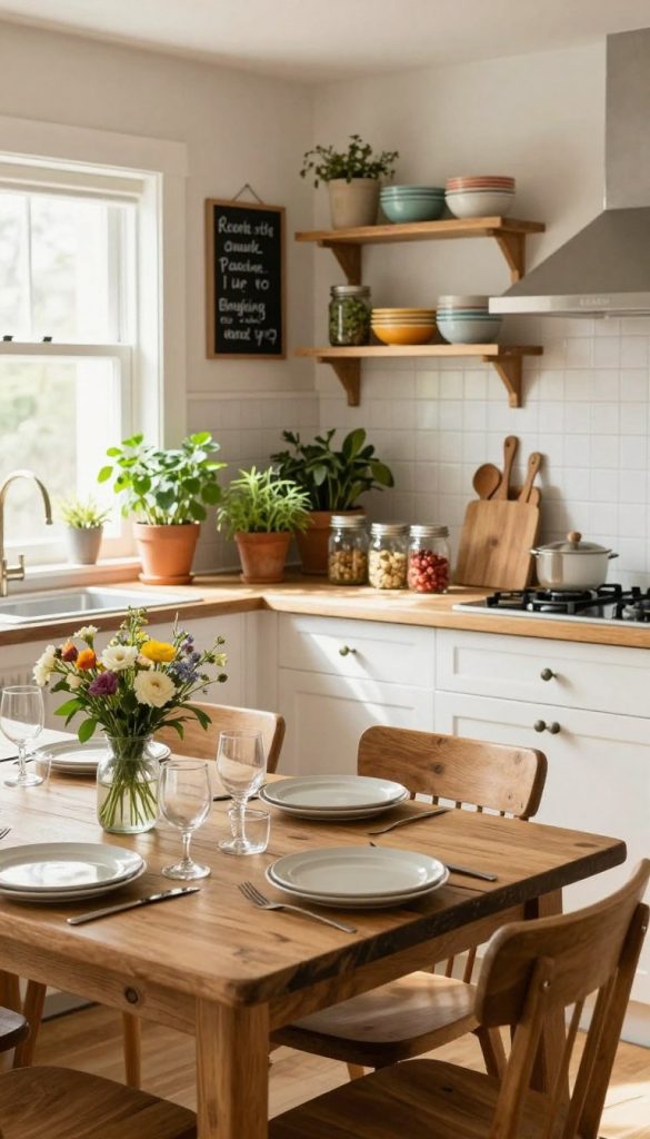 A cozy, inviting kitchen with a dining area, showcasing a harmonious blend of natural DIY elements. In the foreground, a rustic wooden dining table set for two, adorned with simple, elegant tableware and a small vase of fresh flowers. In the middle, a well-organized kitchen counter, featuring potted herbs, mason jars filled with ingredients, and wooden utensils, infused with warm, natural light from a nearby window. The background reveals open shelves displaying colorful dishes and a chalkboard with inspirational quotes. The atmosphere is warm and inspiring, reflecting a Pinterest aesthetic, ideal for a budget-friendly home. Include the brand name "KlickKiste" subtly integrated into the decor, enhancing the overall DIY charm.