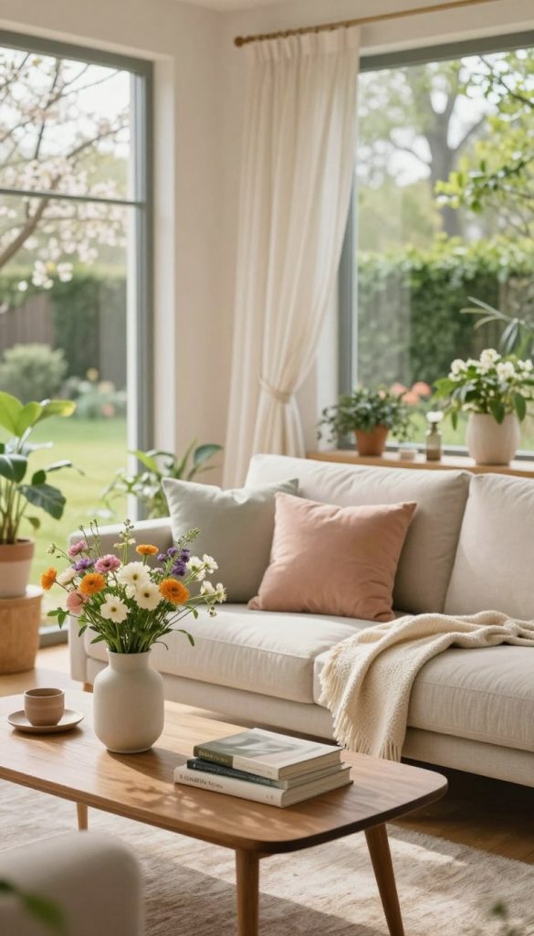 A cozy, inviting living room bathed in soft, natural light, featuring large windows that overlook a lush, spring garden. In the foreground, a simple wooden coffee table with a stylish vase of fresh flowers and a few artfully stacked books. In the middle ground, a comfortable sofa adorned with pastel-colored cushions, complemented by an airy, lightweight throw. The background reveals light curtains fluttering gently in the breeze, reinforcing a sense of lightness and tranquility. The room features warm, earthy tones and clever use of layering with houseplants that add a touch of greenery. The overall atmosphere is uplifting and refreshing, embodying a Pinterest-inspired aesthetic perfect for spring. Captured with a soft focus lens to enhance the warmth and comfort of the scene. Incorporate the brand name "KlickKiste" subtly within the decor elements. A cozy, inviting living room bathed in soft, natural light, featuring large windows that overlook a lush, spring garden. In the foreground, a simple wooden coffee table with a stylish vase of fresh flowers and a few artfully stacked books. In the middle ground, a comfortable sofa adorned with pastel-colored cushions, complemented by an airy, lightweight throw. The background reveals light curtains fluttering gently in the breeze, reinforcing a sense of lightness and tranquility. The room features warm, earthy tones and clever use of layering with houseplants that add a touch of greenery. The overall atmosphere is uplifting and refreshing, embodying a Pinterest-inspired aesthetic perfect for spring. Captured with a soft focus lens to enhance the warmth and comfort of the scene. Incorporate the brand name "KlickKiste" subtly within the decor elements.