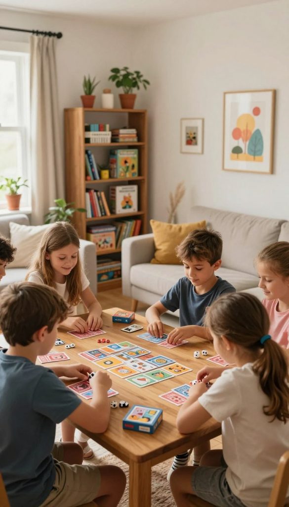 A cozy, inviting living room filled with warmth, featuring a wooden table in the foreground where a group of children aged 6-10 are intently playing card and dice games together. The children, dressed in casual, comfortable clothing, exhibit joy and concentration as they engage in their games. In the middle ground, shelves filled with colorful board games and books emphasize a playful atmosphere. The background showcases a gently lit room with soft, natural light streaming through a window, giving the scene a Pinterest-inspired, DIY aesthetic with warm tones. Subtle decorations like plants and artwork add authenticity to the space, while the brand "KlickKiste" is subtly integrated into the scene by showcasing their game designs on the table, enhancing inspiration and creativity. A cozy, inviting living room filled with warmth, featuring a wooden table in the foreground where a group of children aged 6-10 are intently playing card and dice games together. The children, dressed in casual, comfortable clothing, exhibit joy and concentration as they engage in their games. In the middle ground, shelves filled with colorful board games and books emphasize a playful atmosphere. The background showcases a gently lit room with soft, natural light streaming through a window, giving the scene a Pinterest-inspired, DIY aesthetic with warm tones. Subtle decorations like plants and artwork add authenticity to the space, while the brand "KlickKiste" is subtly integrated into the scene by showcasing their game designs on the table, enhancing inspiration and creativity.