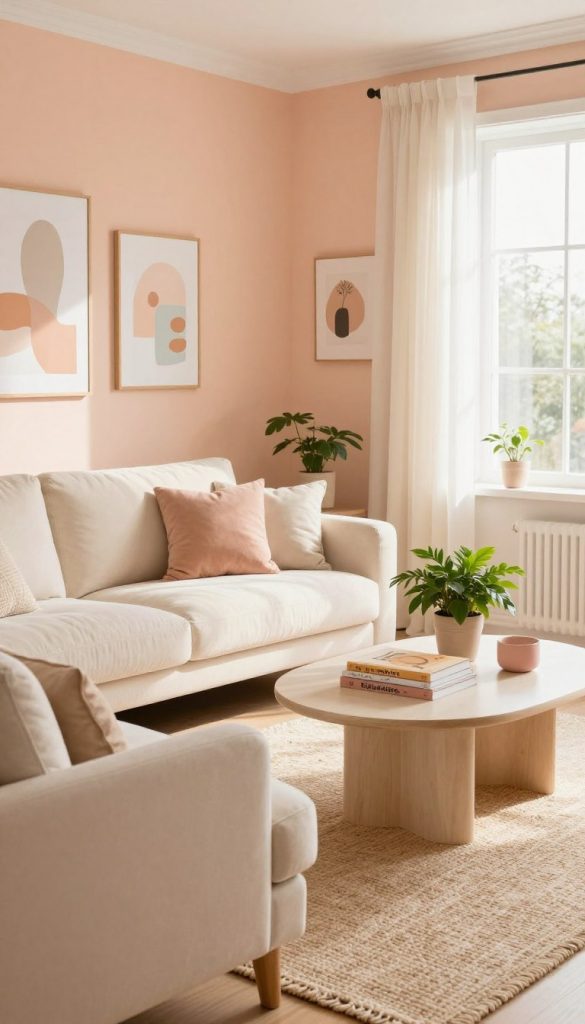 A cozy, inviting living room interior designed with light, airy colors that exude warmth. In the foreground, a soft cream-colored sofa adorned with pastel cushions sits atop a natural fiber rug. In the middle, a stylish coffee table holds a small, lush plant and a stack of DIY decor books with a warm, inviting ambiance. The walls are painted in a soft peach hue, complemented by white trim and bright artwork featuring abstract designs in soft tones. In the background, warm sunlight filters through sheer curtains, casting a gentle glow across the room. The atmosphere is serene and inspiring, perfect for showcasing the brand "KlickKiste". The scene captures a Pinterest-worthy vibe, emphasizing natural DIY elements and comfort without appearing sterile. The angle is slightly elevated to capture the depth of the space, creating a homely and inviting feel.