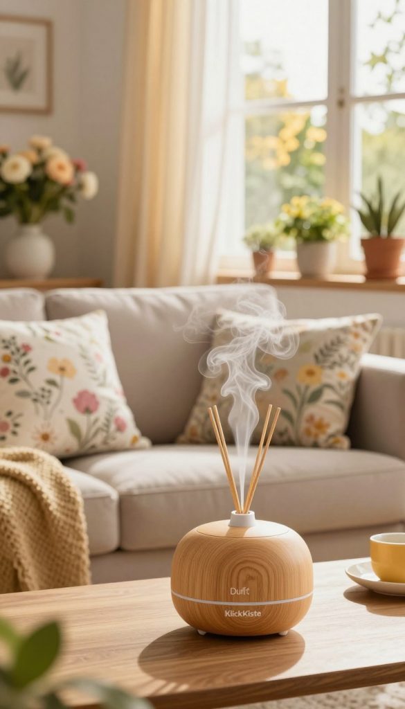 A cozy, inviting living room scene inspired by spring, featuring a stylish Duftdiffuser from KlickKiste at the foreground, radiating delicate swirls of aromatic mist. The diffuser has a natural wood finish, harmonizing with warm pastel colors. In the middle ground, a comfortable sofa adorned with soft, floral-patterned cushions surrounded by vibrant potted flowers and greenery, embodying a fresh spring atmosphere. The background includes a sunlit window with sheer curtains gently swaying, allowing golden sunlight to filter in, enhancing the warm tones of the room. The overall mood is tranquil and refreshing, perfect for embracing the essence of spring. Focus on natural, soft lighting to highlight the warmth and inviting nature of the space. A cozy, inviting living room scene inspired by spring, featuring a stylish Duftdiffuser from KlickKiste at the foreground, radiating delicate swirls of aromatic mist. The diffuser has a natural wood finish, harmonizing with warm pastel colors. In the middle ground, a comfortable sofa adorned with soft, floral-patterned cushions surrounded by vibrant potted flowers and greenery, embodying a fresh spring atmosphere. The background includes a sunlit window with sheer curtains gently swaying, allowing golden sunlight to filter in, enhancing the warm tones of the room. The overall mood is tranquil and refreshing, perfect for embracing the essence of spring. Focus on natural, soft lighting to highlight the warmth and inviting nature of the space.