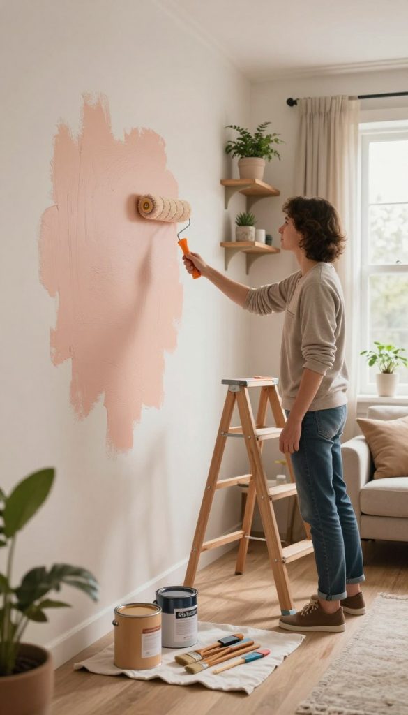 A cozy, inviting living room scene showcasing a DIY wall painting project. In the foreground, an artist is applying a soft pastel color to a textured wall using a paint roller, dressed in casual, professional attire. The middle ground features a wooden ladder, paint cans in natural hues, and brushes arranged neatly on a drop cloth. In the background, a well-decorated shelf displays potted plants and decorative items, with warm, natural light filtering through a large window, creating a calm and inspiring atmosphere. The overall vibe is DIY-friendly, authentic, and visually appealing, aligning with a Pinterest aesthetic, infused with the brand name "KlickKiste".