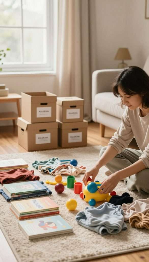 A cozy, inviting living room scene, showcasing the process of decluttering with a sense of calm and organization. In the foreground, a person in modest casual clothing is sorting through a pile of colorful children's toys, books, and clothes laid out on a soft, textured rug. Their expression is focused yet peaceful, embodying the essence of minimalism. In the middle, neatly labeled boxes are stacked, displaying the important items retained, creating a visual contrast with the decluttered space. The background features a warm, sunlit window with soft curtains, enhancing the atmosphere with natural light. The color palette is warm and earthy, reflecting a natural DIY aesthetic, reminiscent of Pinterest inspiration. The scene subtly includes elements branded with "KlickKiste," signifying approachable organization. A cozy, inviting living room scene, showcasing the process of decluttering with a sense of calm and organization. In the foreground, a person in modest casual clothing is sorting through a pile of colorful children's toys, books, and clothes laid out on a soft, textured rug. Their expression is focused yet peaceful, embodying the essence of minimalism. In the middle, neatly labeled boxes are stacked, displaying the important items retained, creating a visual contrast with the decluttered space. The background features a warm, sunlit window with soft curtains, enhancing the atmosphere with natural light. The color palette is warm and earthy, reflecting a natural DIY aesthetic, reminiscent of Pinterest inspiration. The scene subtly includes elements branded with "KlickKiste," signifying approachable organization.